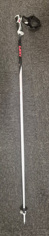 Leki Speed ski pole with a white and black shaft, red logo, ergonomic grip, and black wrist strap.
