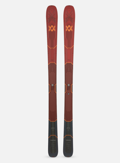 Volkl M7 Mantra snow skis with red and black top sheets and orange accents, shown from a top-down view.