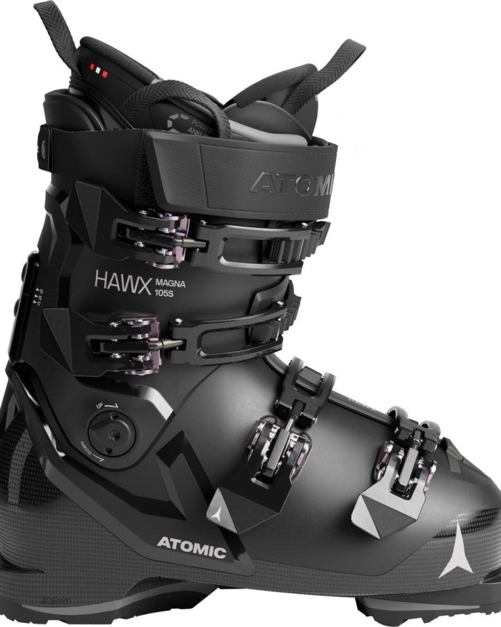 Load image into Gallery viewer, Atomic Hawx Magna 105 S W GW matte black ski boot side profile with four buckles and a power strap.
