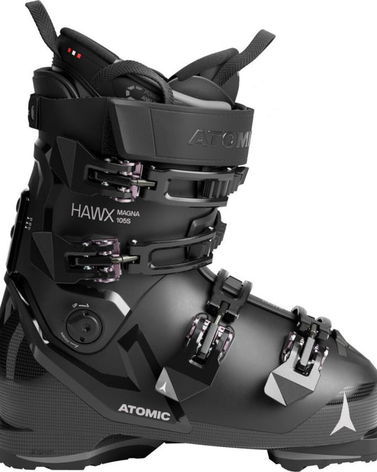 Atomic Hawx Magna 105 S W GW matte black ski boot side profile with four buckles and a power strap.