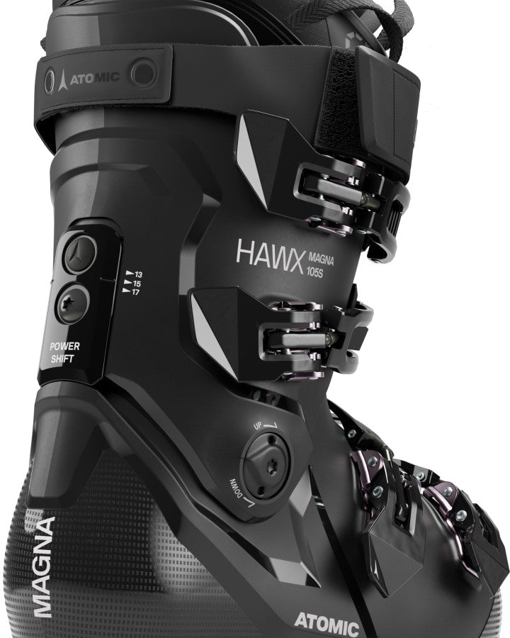 Load image into Gallery viewer, Atomic Hawx Magna 105 S W GW black ski boot showing Power Shift adjustment, buckles, and branding from a side angle.

