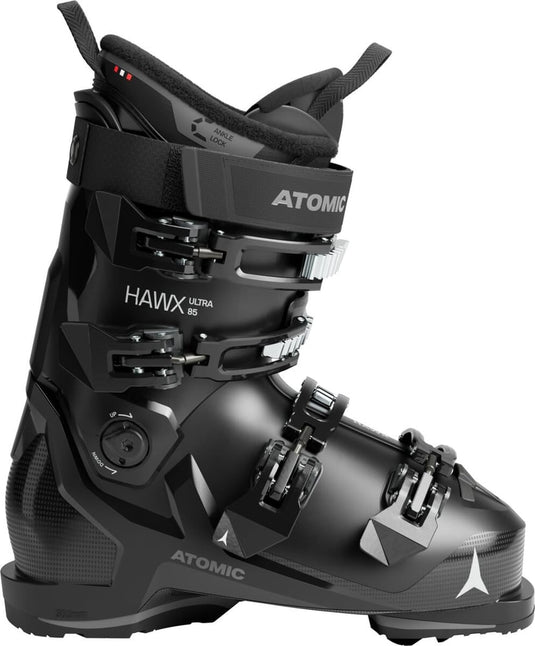 Atomic Hawx Ultra 85 W ski boot in black, side profile view with four buckles and a wide power strap.