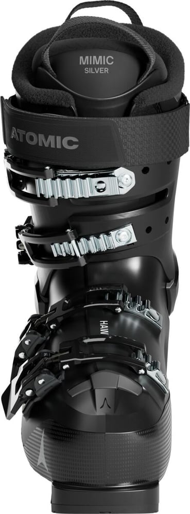 Atomic Hawx Ultra 85 W black ski boot, front view, featuring silver buckles, power strap, and Mimic Silver liner.