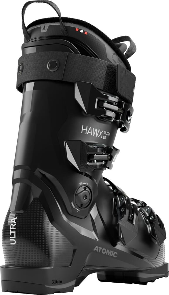 Load image into Gallery viewer, Black Atomic Hawx Ultra 85 W ski boot from a rear angle, featuring four buckles, power strap, and textured heel design.
