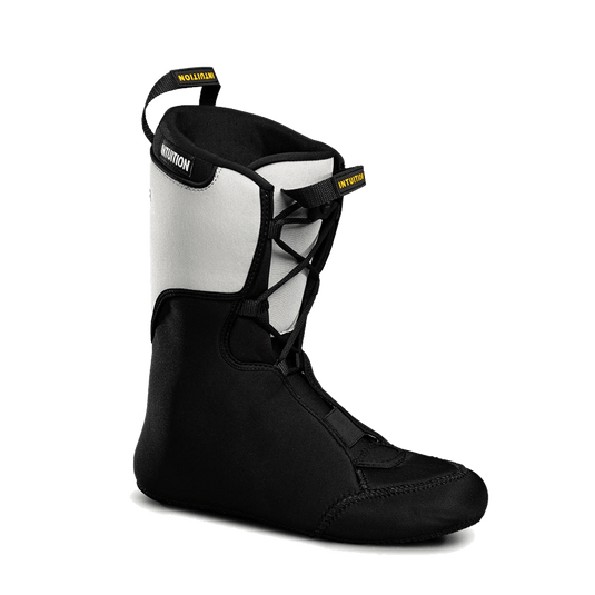 Intuition Dreamliner boot liner featuring a black base, white upper, black laces, and yellow branded pull tabs.