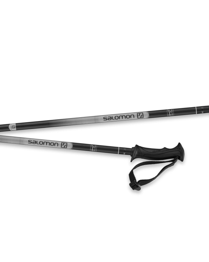 Load image into Gallery viewer, Salomon Northpole Lady ski poles with black and grey gradient shafts, ergonomic grips, and black wrist straps.
