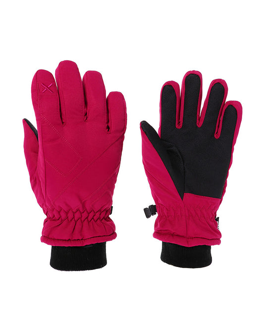Bright pink XTM Express II kids snow gloves with black textured palms, elasticated wrists, and black knit cuffs.